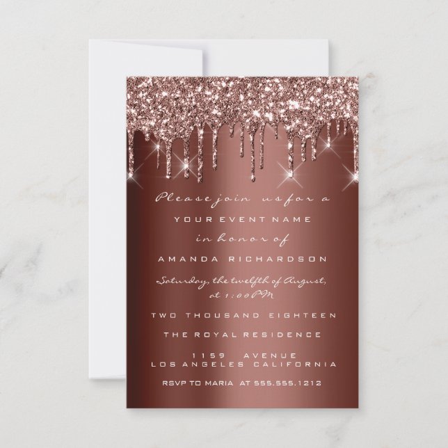 Brown Glitter Drips Rose 60th 70th Birthday Lux Invitation (Front)