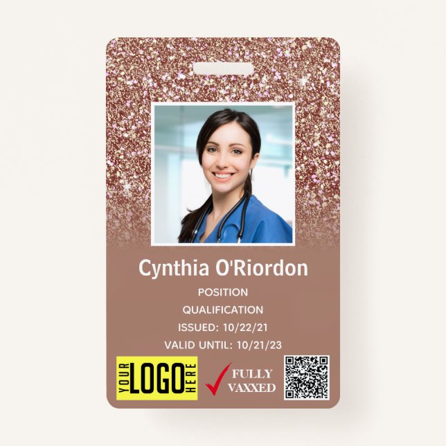 Brown Glitter Medical Photo ID QR Barcode Badge ID Badge (Front)