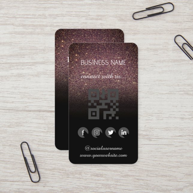 Brown glitter -Social Media QR Code  Business Card (Front/Back In Situ)
