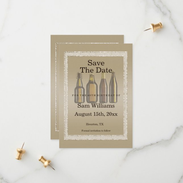 Brown Glitters & Birthday Beers Save The Date (Front/Back In Situ)