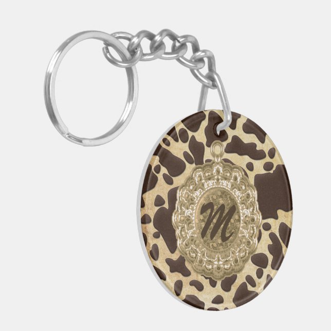 Brown & Gold Animal Print Antique Charm Initial Key Ring (Front Left)