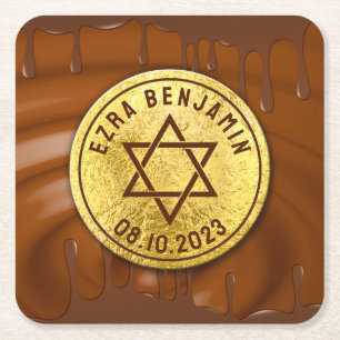 Brown Gold Chocolate Bar Mitzvah or Bat Mitzvah Square Paper Coaster