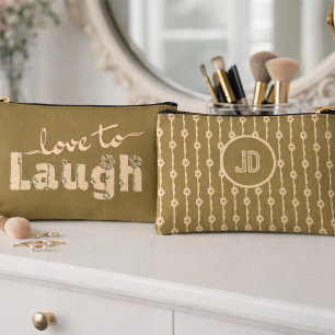 Brown Gold & Cream Large Text With Flowers Accessory Pouch