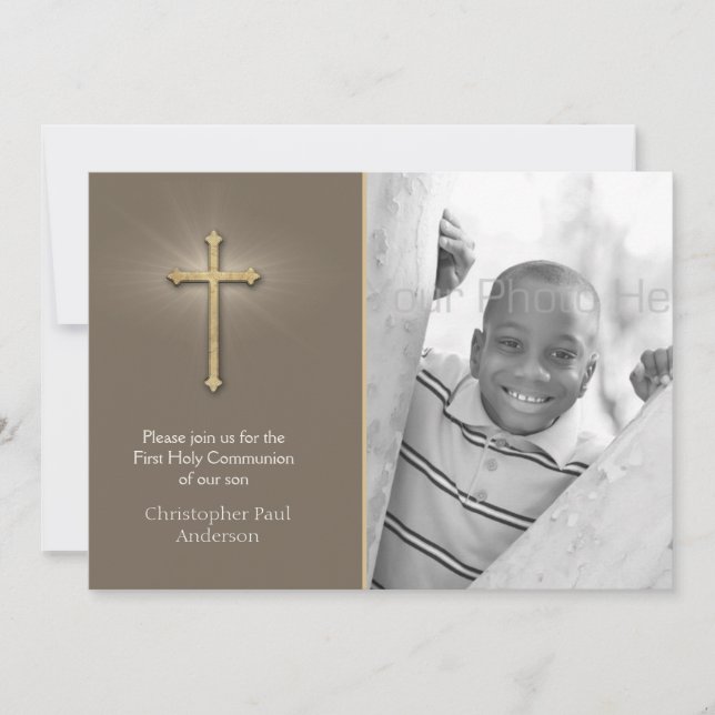 Brown, Gold Cross, Religious Photo Invitation (Front)