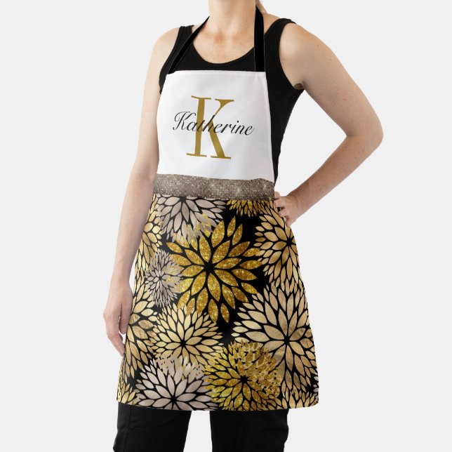 brown gold dahlia floral flower monogram apron (Insitu)