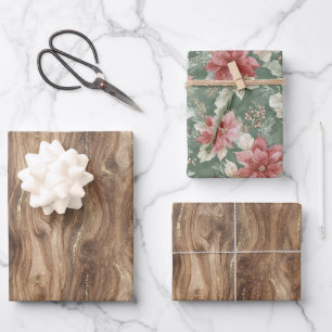 Brown Gold Faux Wood Red Floral Christmas Wrapping Paper Sheet