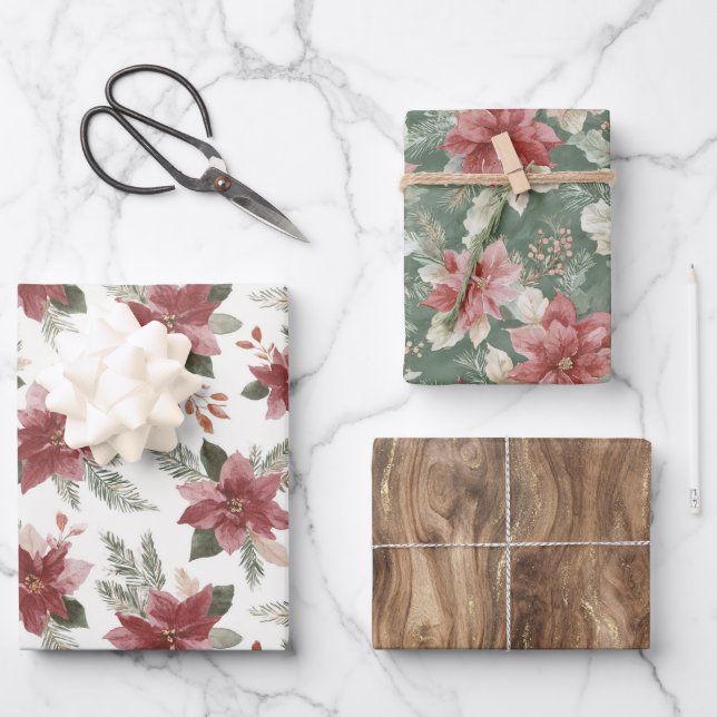Brown Gold Faux Wood Red Green Floral Christmas Wrapping Paper Sheet (Front)