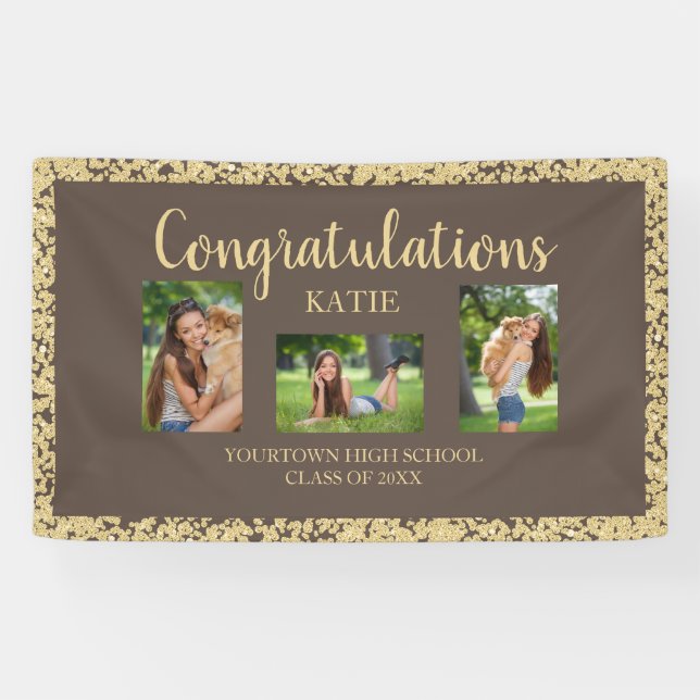 Brown Gold Glitter Graduation Party Photo Banner (Horizontal)
