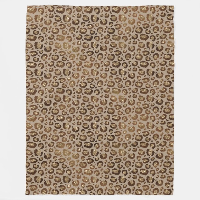 Brown Gold Glitter Leopard Print Fleece Blanket (Front)