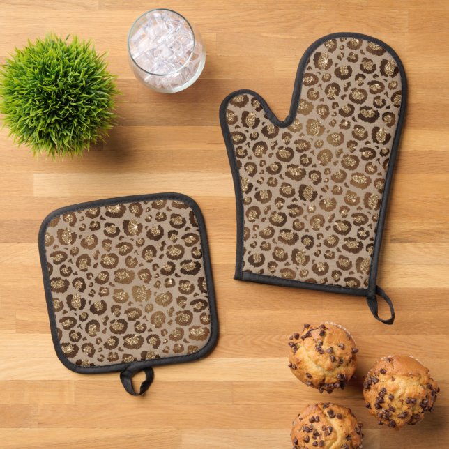 Brown Gold Glitter Leopard Print Oven Mitt & Pot Holder Set (Top Down)