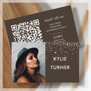 Brown   Gold Glitter   Photo   QR Code   Social  Business Card