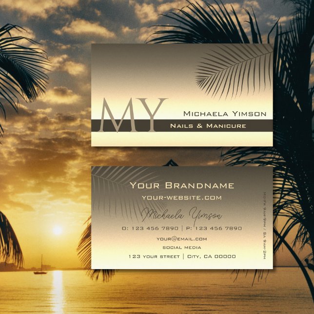 Brown Gold Gradient Palm Leaf and Monogram Simple Business Card (Creator Uploaded)