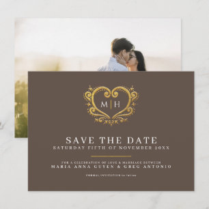 Brown gold heart photo wedding save the date