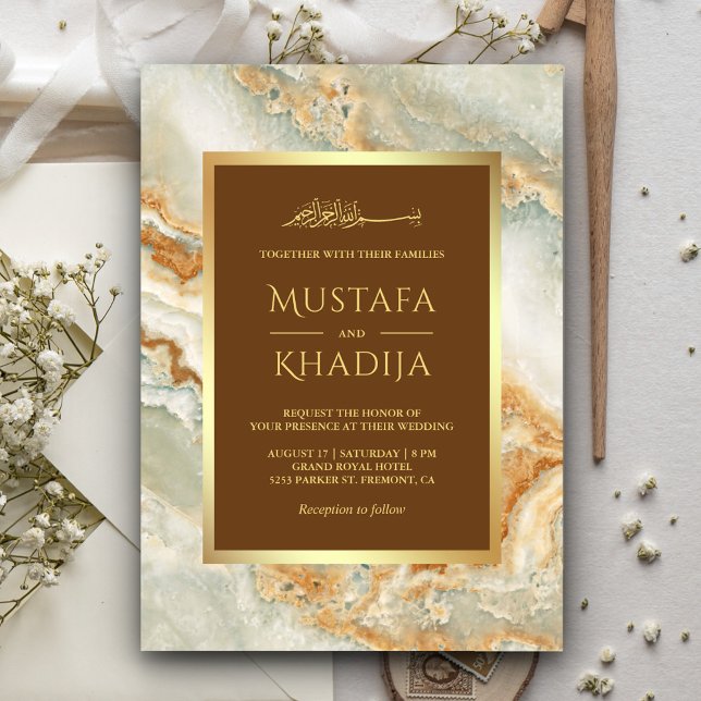 Brown Gold Marble Faux Gold Foil Islamic Wedding Invitation (Creator Uploaded)