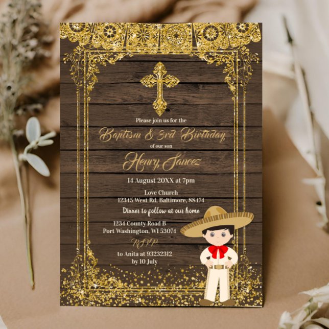 Brown & Gold Mexican Charro baptism & 3rd Birthday Invitation (Creator Uploaded)
