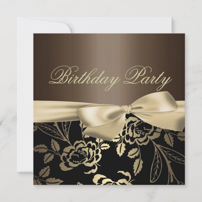 Brown & Gold Rose Leaf Bow Birthday Invitation (Front)