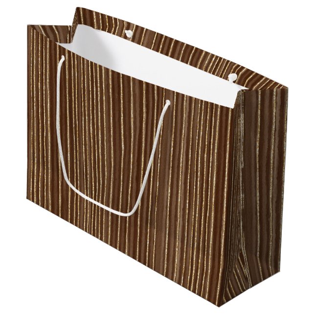 Brown Gold Stripes Christmas Large Gift Bag (Front Angled)