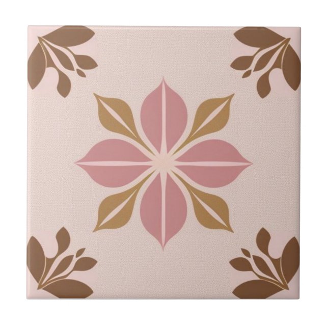Brown, golden and pink floral tile (Front)