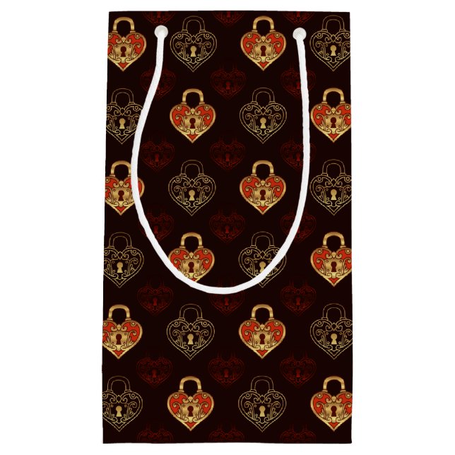Brown & Golden Locked Hearts Patterned Gift Bag (Front)