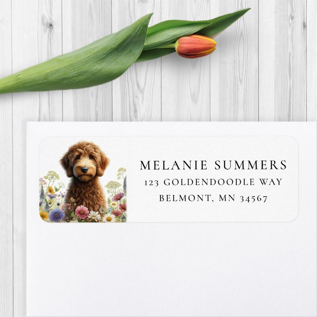 Brown Goldendoodle Wildflower Return Address Label (Creator Uploaded)