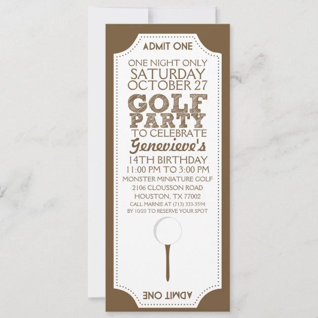 Brown Golf Ticket Golf Birthday Party Invitation (Front)