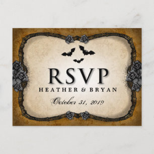Brown Gothic Bats & Roses RSVP Matching PostCard