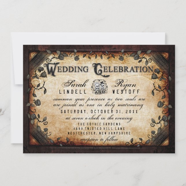 Brown Gothic Halloween Skeletons Wedding Invite (Front)
