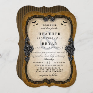 Brown Gothic Roses & Bats Halloween Wedding Invite