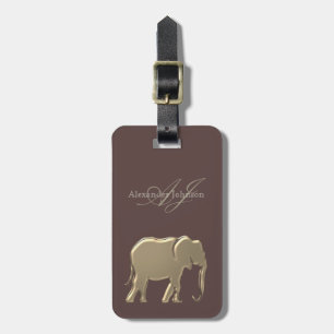 Brown Granite and Gold Foil Elephant Monogrammed Luggage Tag
