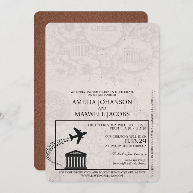 Brown Greece Passport Wedding Invitation (Front/Back)