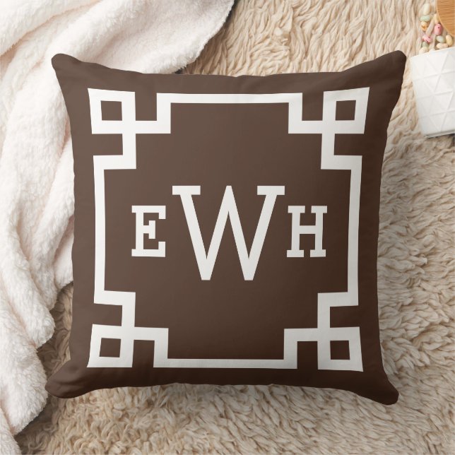 Brown Greek Key Custom Monogram Initials Cushion (Blanket)