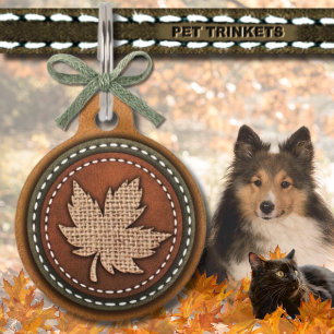 Brown Green Country Leather Burlap Maple Leaf Pet Tag