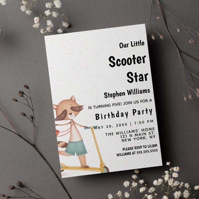 Brown green gold racoon scooter Birthday Party  Invitation (Brown green gold racoon scooter Birthday Party )