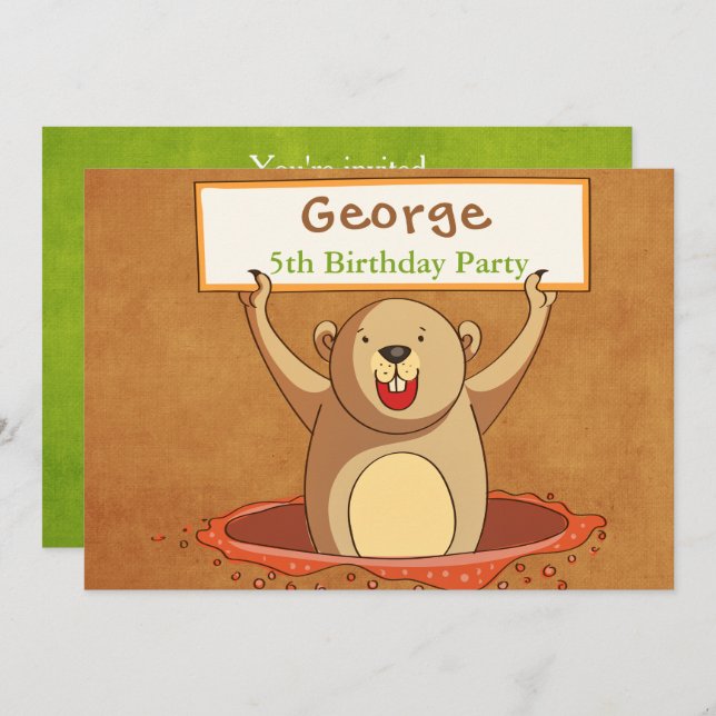 Brown Green Groundhog Party Invitation Card (Front/Back)
