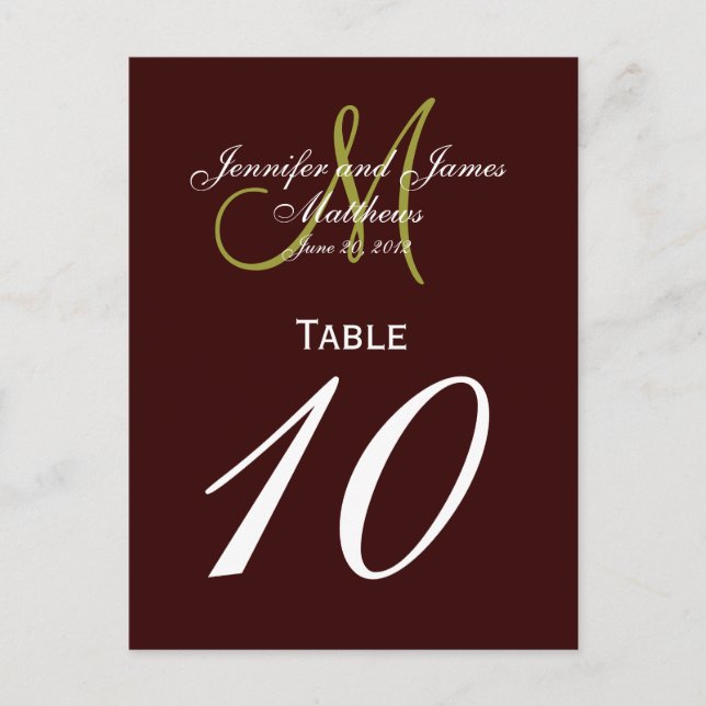 Brown Green Monogram Wedding Table Number Cards (Front)