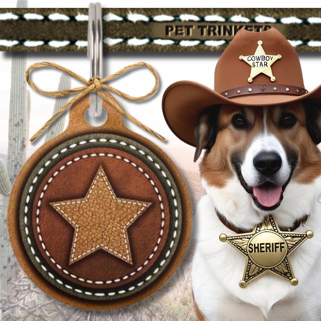 Brown Green Western Stitched Leather Star Pet Tag (Creator Uploaded)