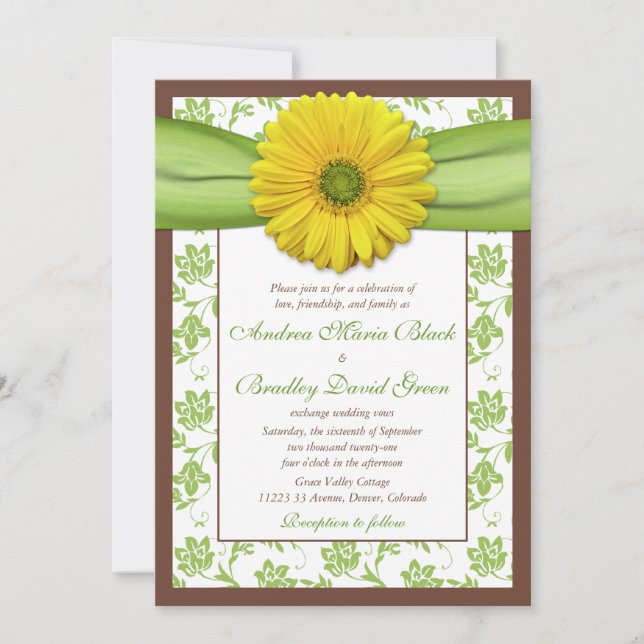 Brown, Green, Yellow Damask Wedding Invitation (Front)