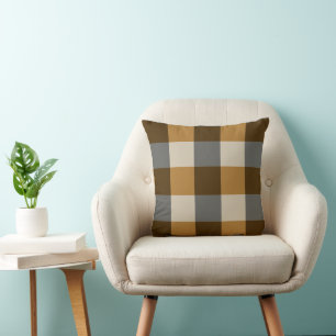 Brown, Grey and Beige Plaid Throw PIllow