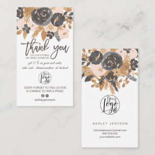 Brown grey boho floral script logo order thank you business card