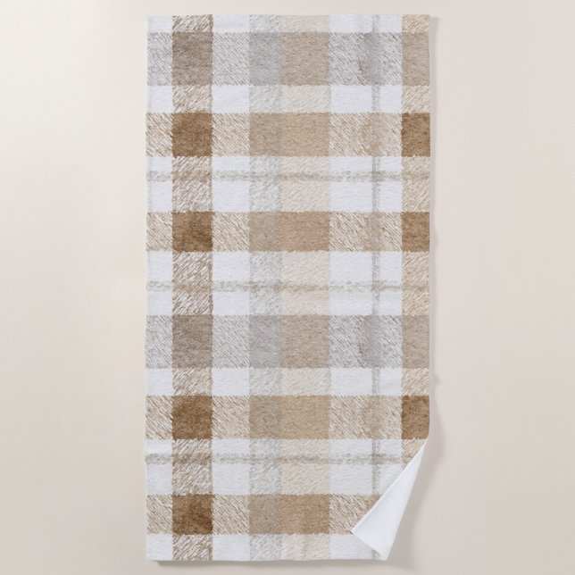 Brown Grey Cream Plaid Stripes Beach Towel (Front)