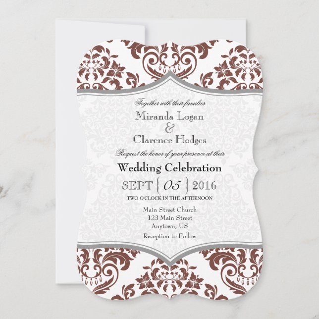 Brown Grey Damask Bracket Wedding Invite (Front)