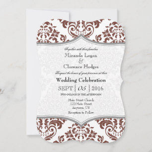 Brown Grey Damask Bracket Wedding Invite