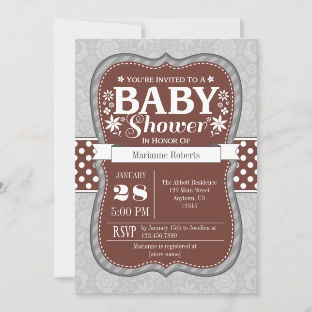 Brown Grey Floral Flower Baby Shower Invitation (Front)