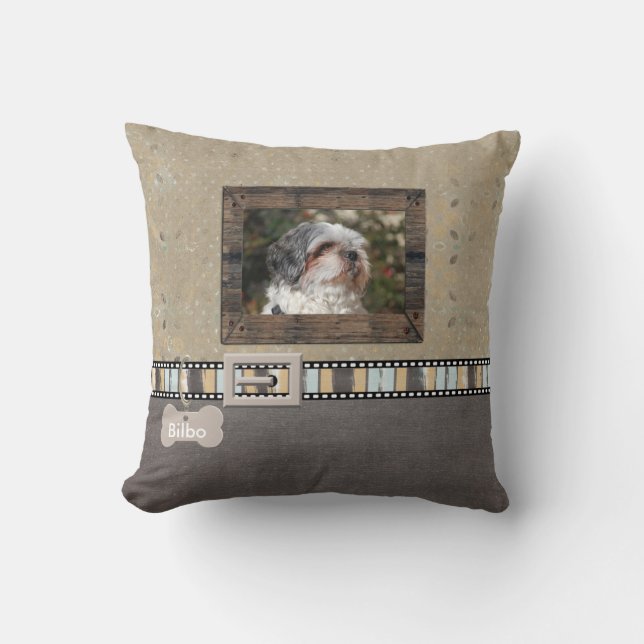 Brown Grey Pet Photo Striped Collar Name template Cushion (Front)