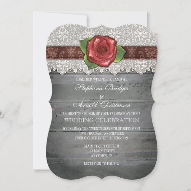 Brown Grey Rustic Wood Rose Wedding Invite (Front)