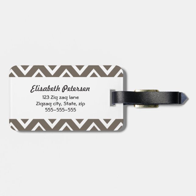 Brown grey whimsical zigzag chevron pattern luggage tag (Back Horizontal)