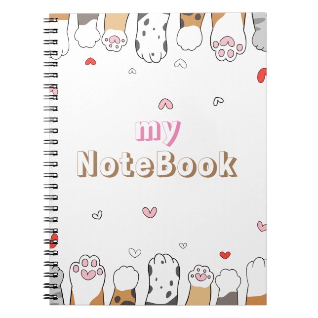 Brown Grey White  Cute Cats Paws (80 Pages B&W) Notebook (Front)