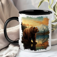 Brown Grizzly Bear Mountain Lake Reflection