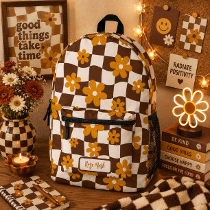 Brown Groovy Daisy Floral Chequerboard Printed Backpack