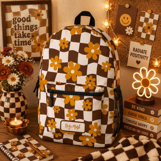 Brown Groovy Daisy Floral Chequerboard Printed Backpack (Creator Uploaded)